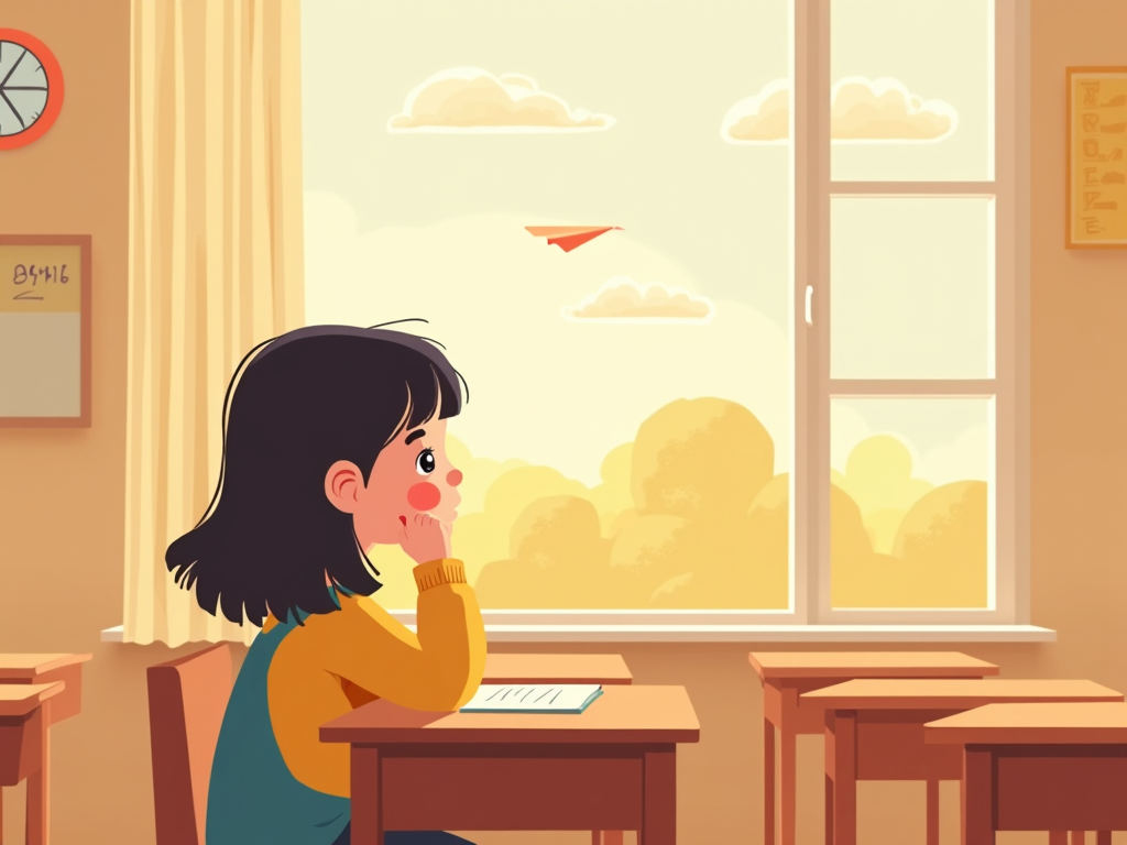 A young girl at her school desk, gazing out the window while the lesson goes on around her