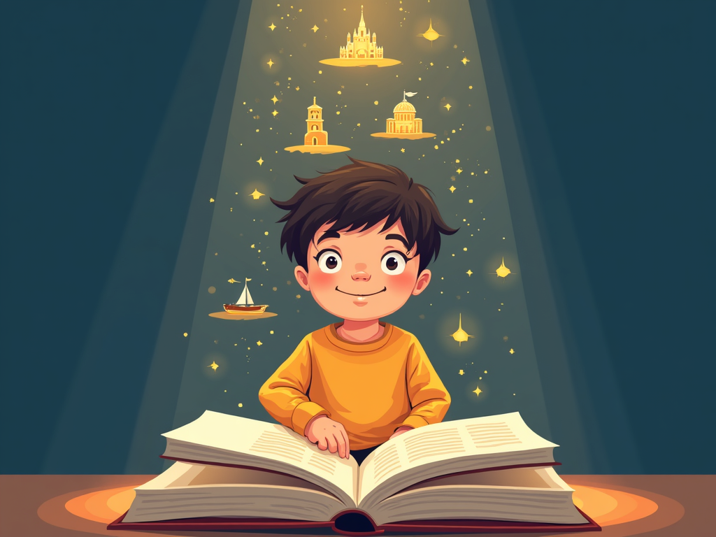 A child reading a history book with a ship, a castle and a domed building rising off the page like a story coming to life